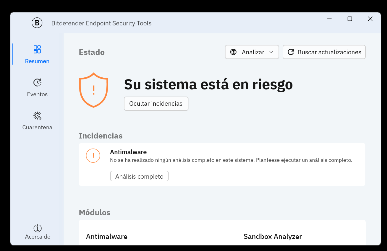 Ventana de Bitdefender con el boton Analisis completo